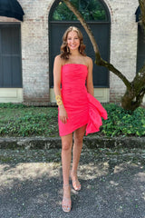 Red Strapless Ruched Tight Short Homecoming Dress/Mini Dress with Ruffles