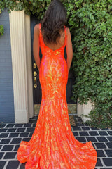Long V-Neck Mermaid Prom Dress with Sparkly Orange Sequins