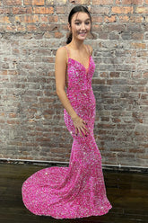 Hot Pink Backless Prom Dress with Mermaid Spaghetti Straps