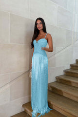 Spaghetti straps Sleeveless Long Formal Dress With Beading Tassel