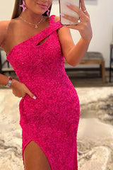 Sequined One-Shoulder Prom Dress in Fuchsia