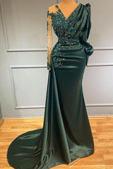 V Neck Long Sleeves Formal Dress Beading Dark Green Formal With Lace Appliques