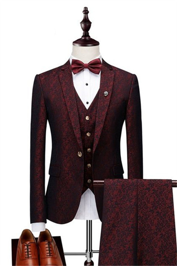 Wine Ruby Jacquard Tuxedo Suit for Wedding with Notched Lapel in Three Pieces