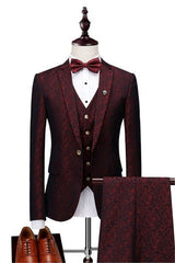Wine Ruby Jacquard Tuxedo Suit for Wedding with Notched Lapel in Three Pieces