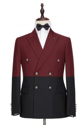 Stylish Burgundy and Black Double-Breasted Party Prom Suit for Guys with Peaked Lapel