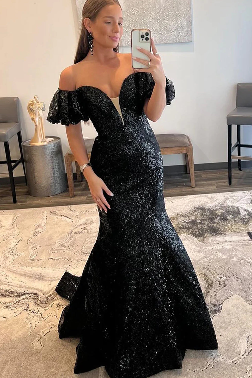 Long Off-the-Shoulder Prom Dress with Sparkly Black Sequins