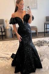 Long Off the Shoulder Prom Dress with Sparkly Black Sequins