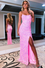Long Royal Blue Prom Dress with Sparkly Sequins Backless Design and Slit