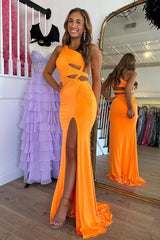 Elegant Orange Mermaid Prom Dress with Keyhole and Single Shoulder
