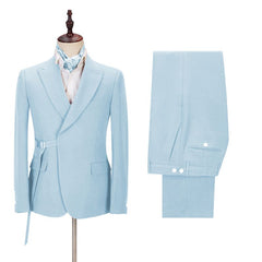 Shining Sky Blue Best Peaked Lapel Wedding Suits for Men with Adjustable Buckle