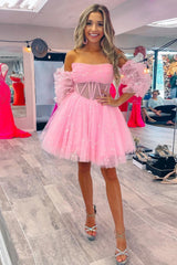 Pink Corset Detachable Sleeves A-Line Tulle Homecoming Dress/Mini Dress