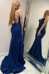 Long Navy Mermaid Prom Dress with Sparkly Beads and Backless Design