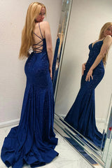 Long Navy Beaded Prom Dress with Sparkly Mermaid Backless Design