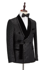 Classic Black Jacquard Velvet Double-Breasted Lapel Belt Leopard with Blazer for Groom
