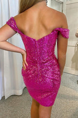 Fuchsia Detachable Off the Shoulder Sequins Tight Homecoming Dress/Mini Dress