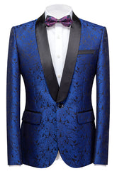 Slim Fit Royal Blue Shawl Lapel One-Button Jacquard Wedding Tuxedo
