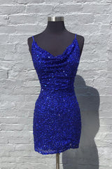 Sparkly Royal Blue Ruched Tight Short Sequins Homecoming Dress/Mini Dress