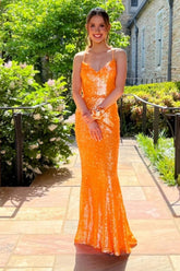 Long Mermaid Prom Dress with Sparkly Orange Sequins