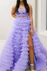 Elegant Sweetheart Purple Tulle A-Line Long Prom Dress Featuring a Keyhole