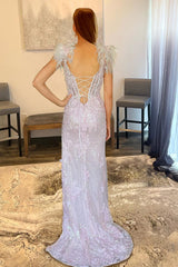 Mermaid Prom Dress with Lavender Appliques and Feathers