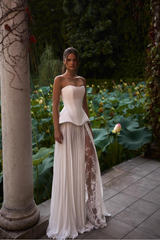 Strapless Sleeveless Long Formal Dress With Pleated Split Appliques