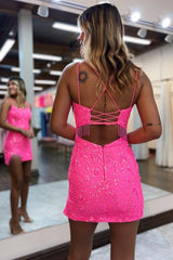 Hot Pink Spaghetti Strap Bodycon Short Homecoming Dress with Tassel