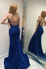 Long Navy Mermaid Prom Dress with Sparkly Beads and Backless Design