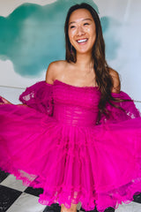 Fuchsia Corset Puff Sleeves A-Line Short Homecoming Dress/Mini Dress with Ruffles