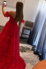 Princess Prom Dress in Red with Off-the-Shoulder A-Line Design