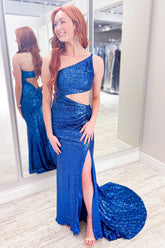 One Shoulder Royal Blue Sequined Prom Dress Featuring a Slit