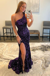 Sequined Mermaid Prom Dress in Dark Purple with One Shoulder
