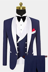 Navy Blue Three-Piece Fashion Slim Fit White Shawl Lapel with One Button