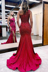Long Burgundy Beaded Prom Dress with Sparkly Details and a One-Shoulder Slit