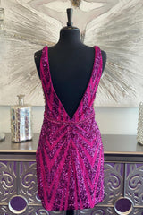 Sparkly Fuchsia Sequined Backless Tight Short Homecoming Dress/Mini Dress