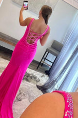 Hot Pink Long Mermaid Prom Dress with Beading and V Neck