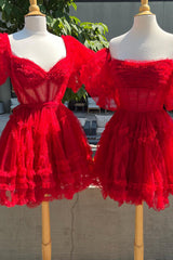 Red Corset Strapless A-Line Short Tulle Homecoming Dress/Mini Dress with Detachable Sleeves
