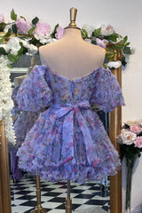 Lavender Floral A-Line Short Homecoming Dress/Mini Dress