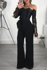Elegant Long Sleeves Strapless Lace Black Satin Jump Suit