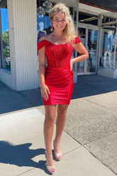 Red Off the Shoulder Tight Short Homecoming Dress/Mini Dress with Lace