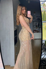 Golden Backless Prom Dress with Deep V Neck in Mermaid Style