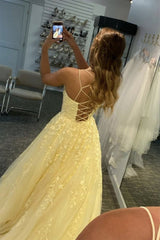 Yellow Princess Prom Dress with Spaghetti Straps