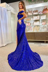 Royal Blue Sequined Mermaid Prom Dress with Slit and Off-Shoulder Design