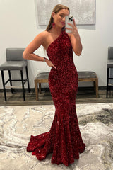 Long Prom Dress with Burgundy Mermaid Sequins