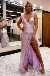 Long Light Pink Prom Dress with Deep V Neckline Sequins and Feathers