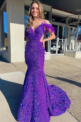 Purple Sequined Mermaid Prom Dress with Feathers and Off-Shoulder Cutouts