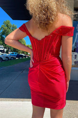 Red Off the Shoulder Tight Short Homecoming Dress/Mini Dress with Lace