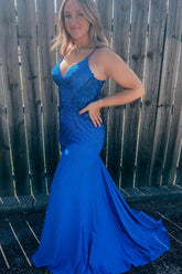 Plus Size Long Prom Dress in Royal Blue with Mermaid Beading