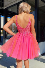 Hot Pink A-Line Tulle Short Homecoming Dress/Mini Dress with Lace
