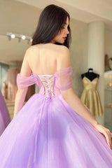 Purple Long Prom Dress with Criss Cross Back and Off-the-Shoulder Princess A Line