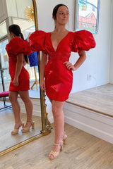 Sparkly Red Puff Sleeves Tight Short Homecoming Dress/Mini Dress with Beading